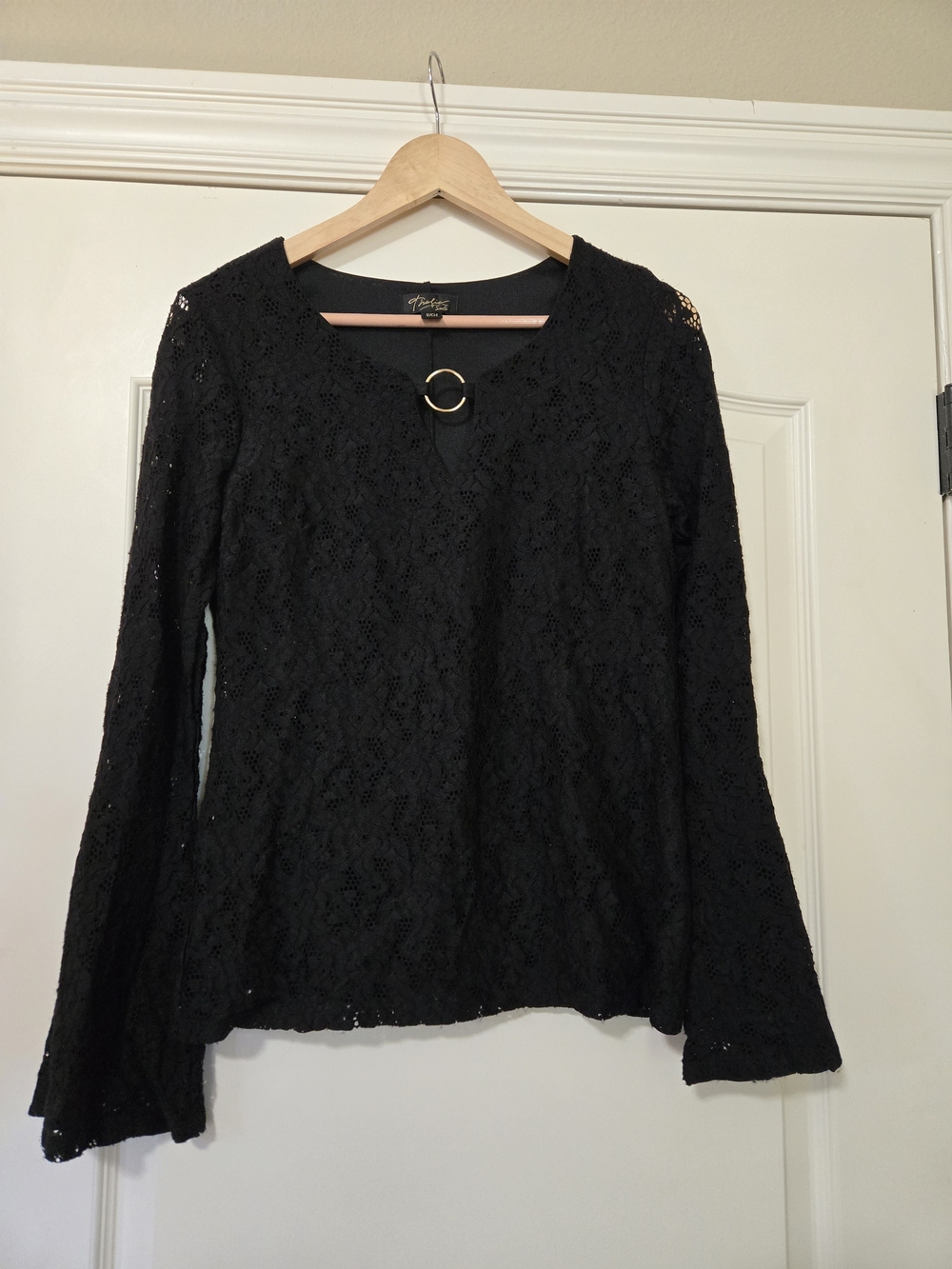 Thalia Sodi Black Lace Long Sleeve Top with Gold Ring Accent